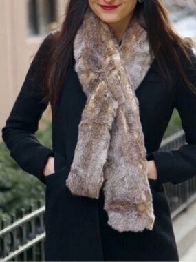 Restoration Hardware Brown Cream Luxe Vegan Faux Fur Scarf Length 5 x 54 inches